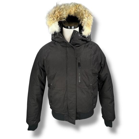 Nobis Molly Bomber Jacket Womens Large Black Duck Down Coyote Fur Hood Full Zip - Picture 1 of 12